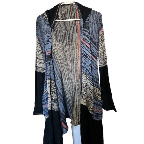 Venus Sweaters - Venus Medium Women's Hooded Long Open Cardigan Blue Gray Black with Pockets